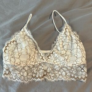 Dynamite S Lace Crop Top, Off-White and Brown